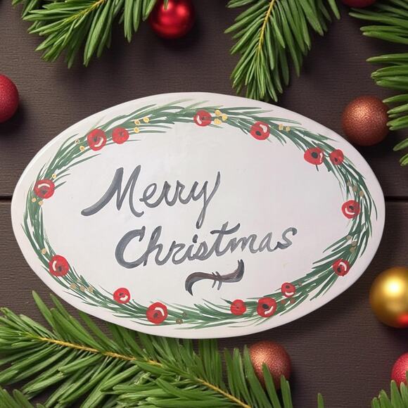 Merry Christmas Oval Ceramic Sign: Hand Painted-Glazed in 18k Gold Touches - Picture 1 of 5